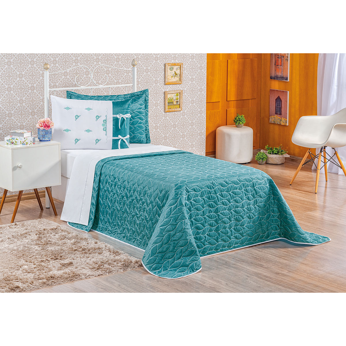 Kit Cobre Leito Infantil Bordado 3 Peças Garden com Porta Travesseiro