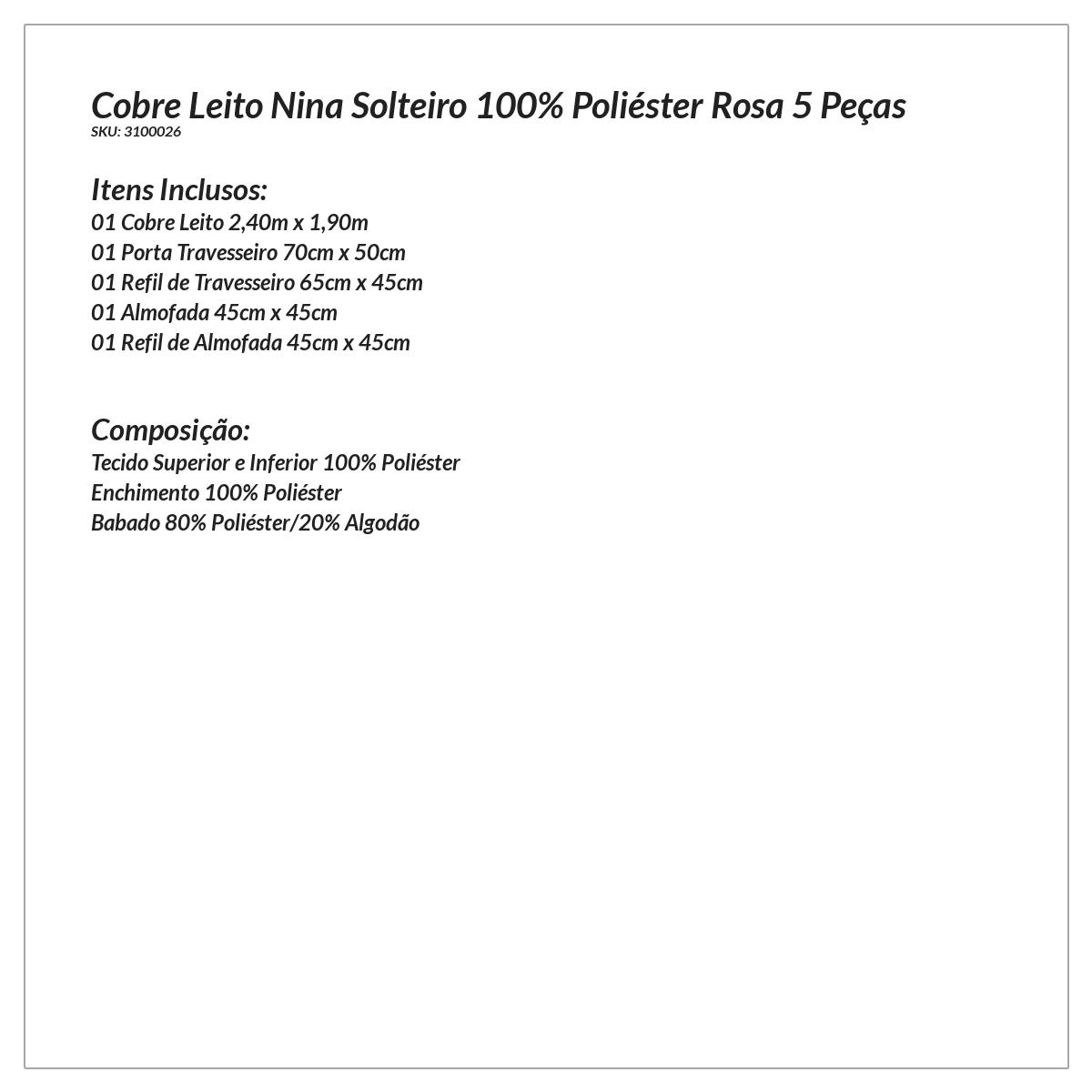 Kit Cobre Leito Infantil Menina Rosa Solteiro 5 Peças com Almofada Decorativa