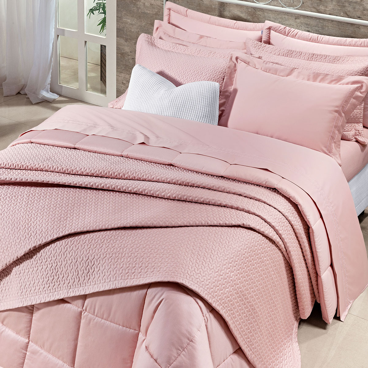 Kit Cobre Leito King 400 Fios Egípcio 100% Algodão Rosa 3 Peças