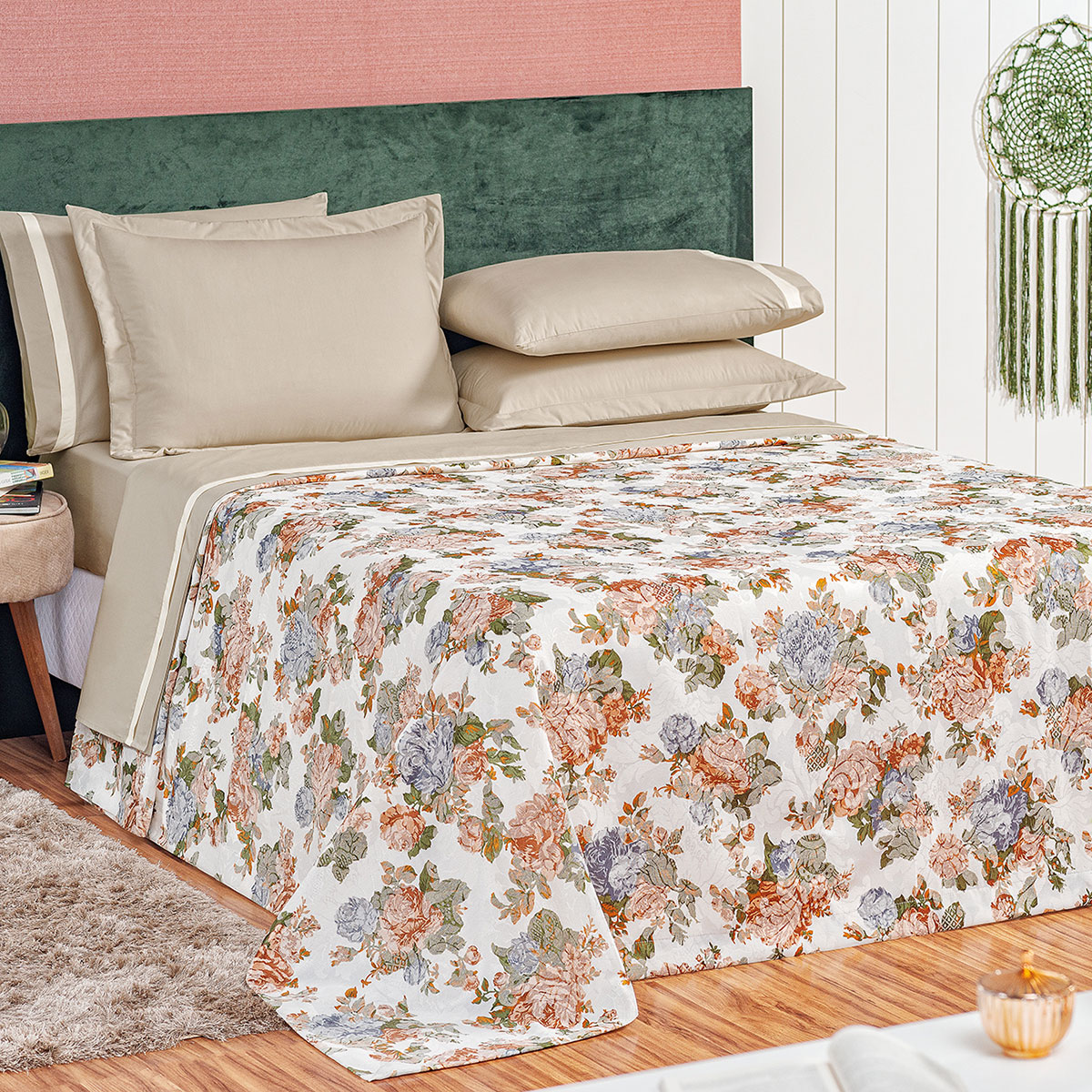 Kit Cobre Leito King Floral Estampada 3 Peças com 2 Porta Travesseiros