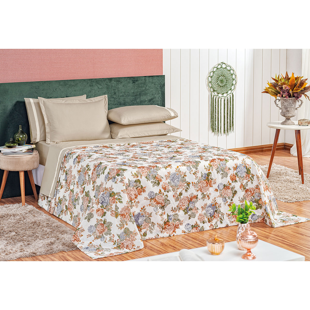 Kit Cobre Leito King Floral Estampada 3 Peças com 2 Porta Travesseiros
