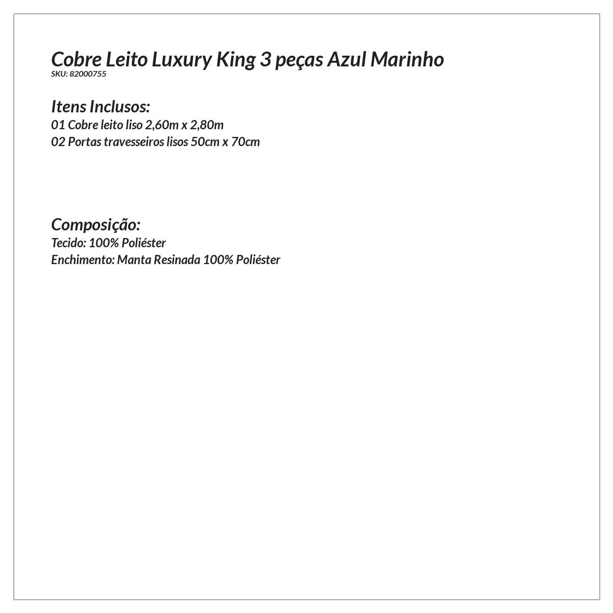 Kit Cobre Leito King Size 3 Peças Azul Marinho Matelado Trabalhado com Porta Travesseiros