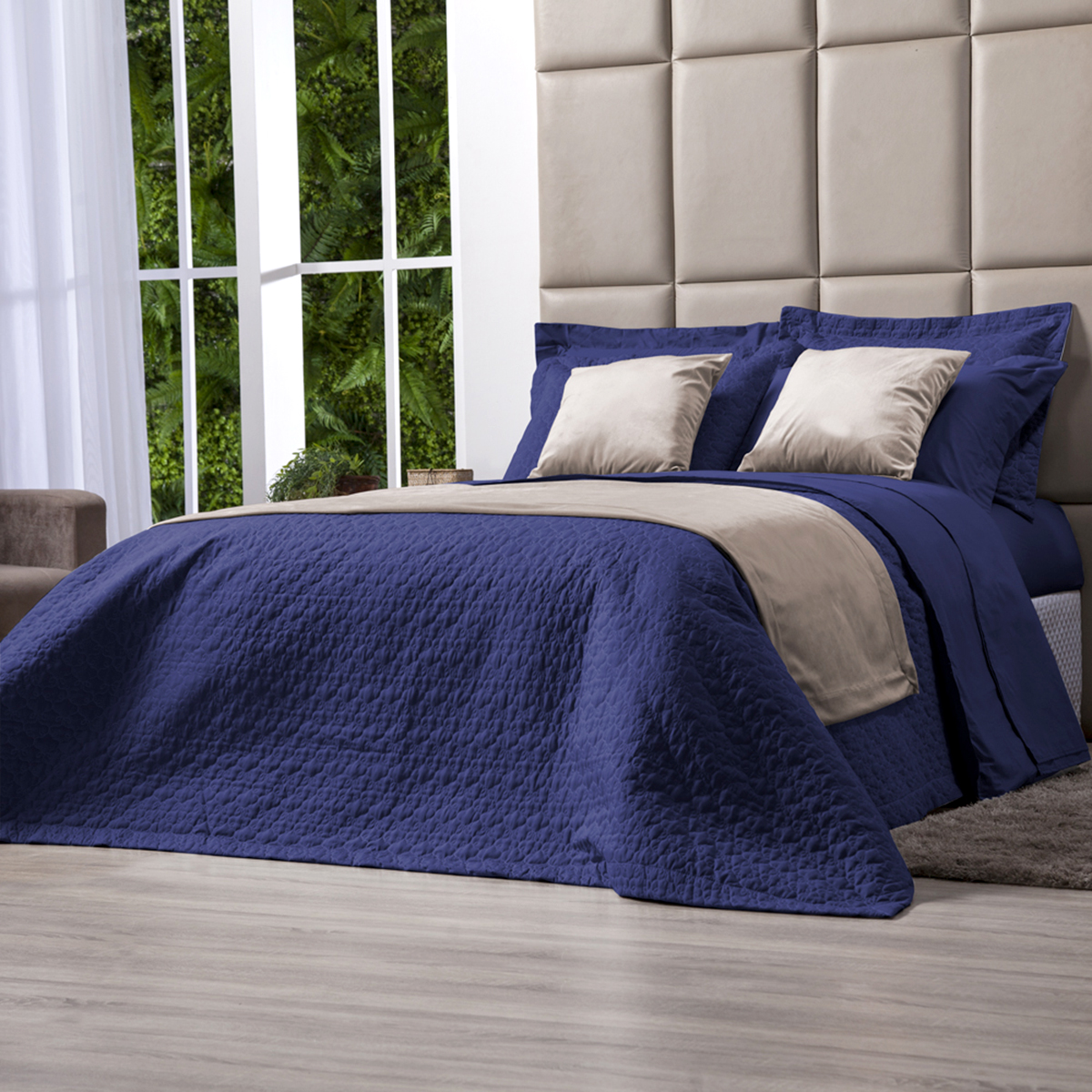 Kit Cobre Leito Queen 100% Algodão Azul Marinho 200 Fios + Jogo de Cama 100% Algodão - 7 Peças