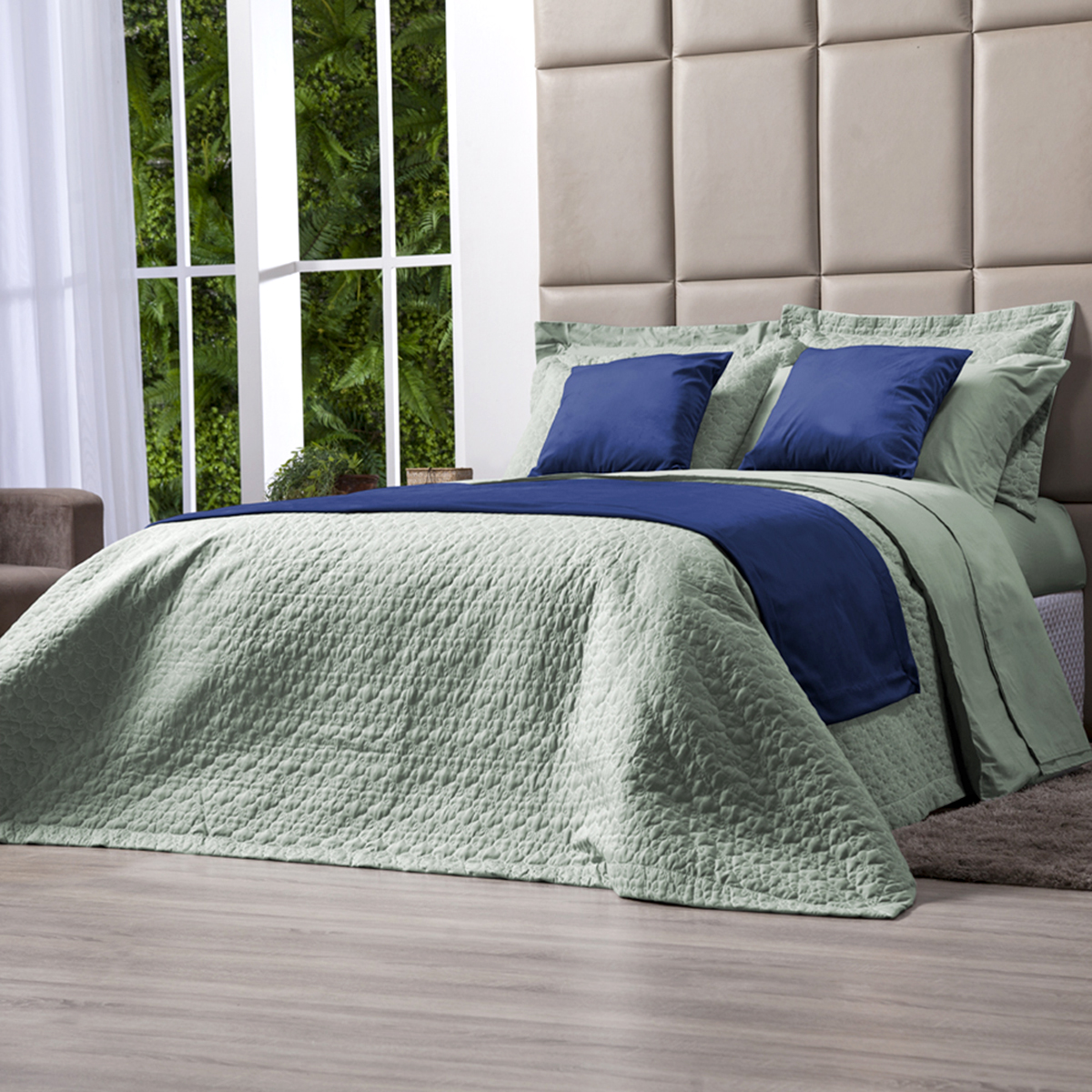 Kit Cobre Leito Queen 100% Algodão Verde 200 Fios + Jogo de Cama 100% Algodão - 7 Peças