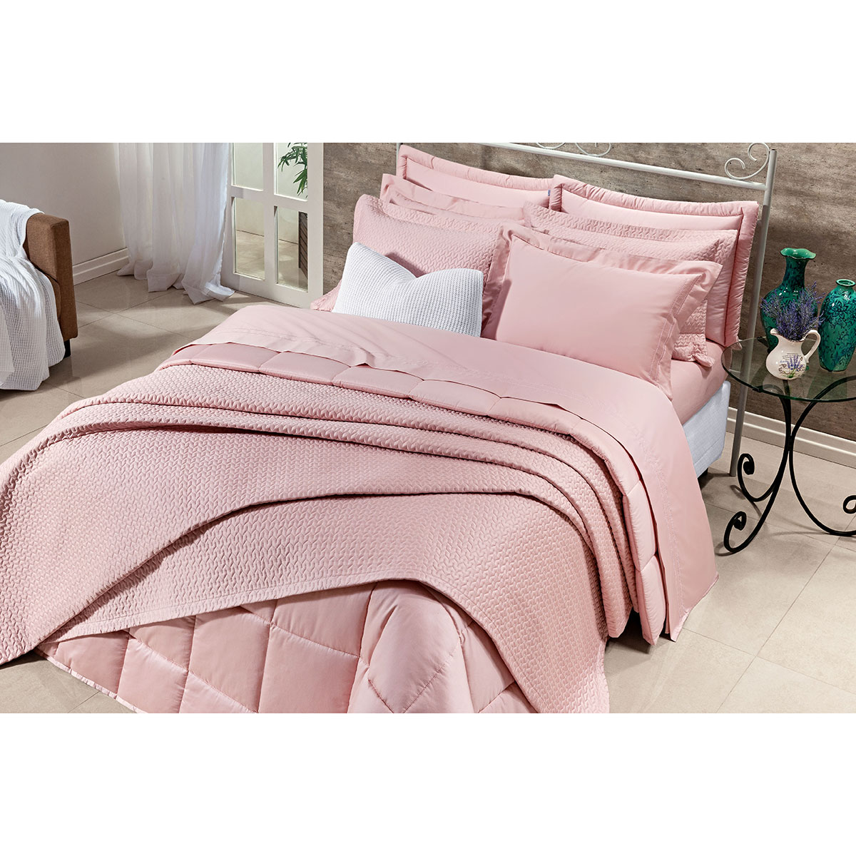 Kit Cobre Leito Queen 400 Fios Egípcio 100% Algodão Rosa + Jogo de Cama - 7 Peças