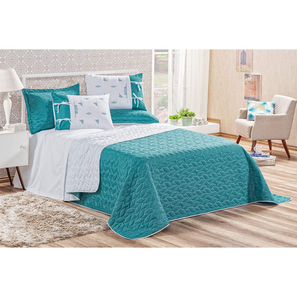 Kit Cobre Leito Queen Azul / Branco Dupla Face Matelado 5 Peças Garden