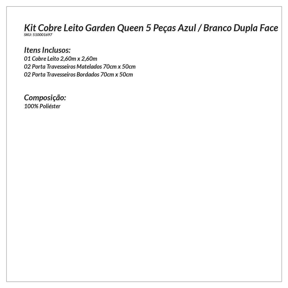Kit Cobre Leito Queen Azul / Branco Dupla Face Matelado 5 Peças Garden