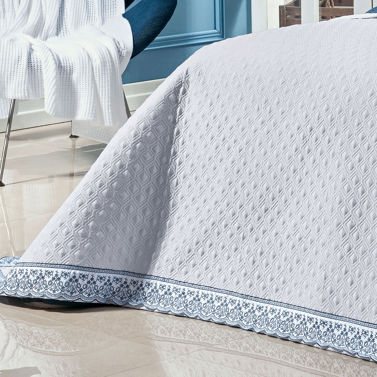 Kit Cobre Leito Queen Size Branco / Azul 400 Fios Egípcio 100% Algodão + Jogo de Cama - 7 Peças