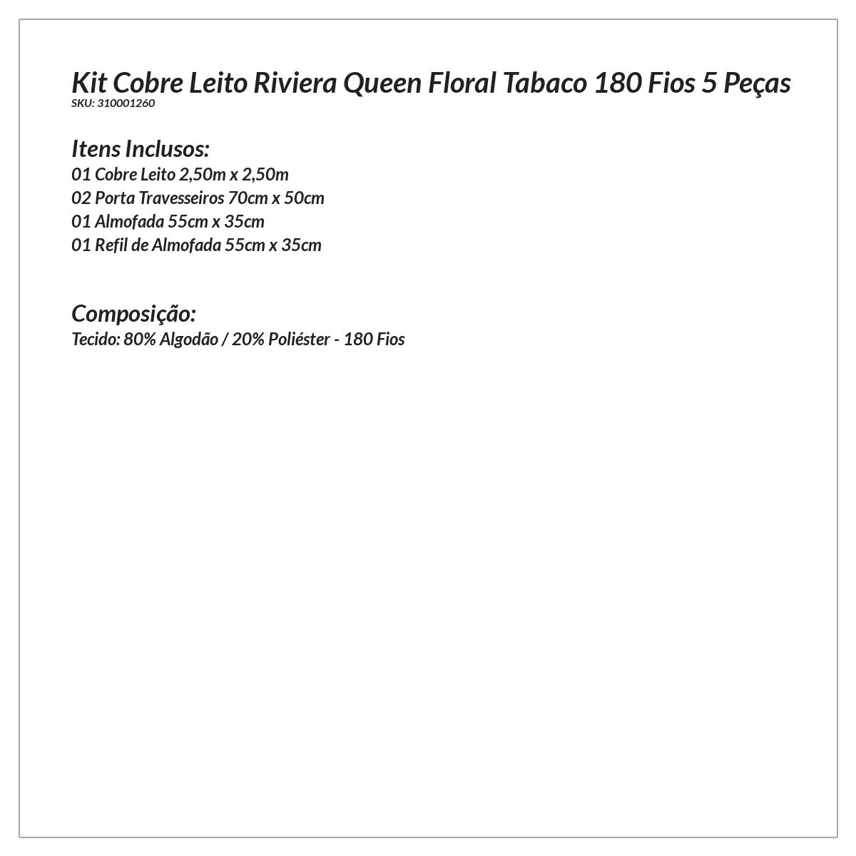 Kit Cobre Leito Riviera Queen Floral Tabaco 180 Fios 5 Peças