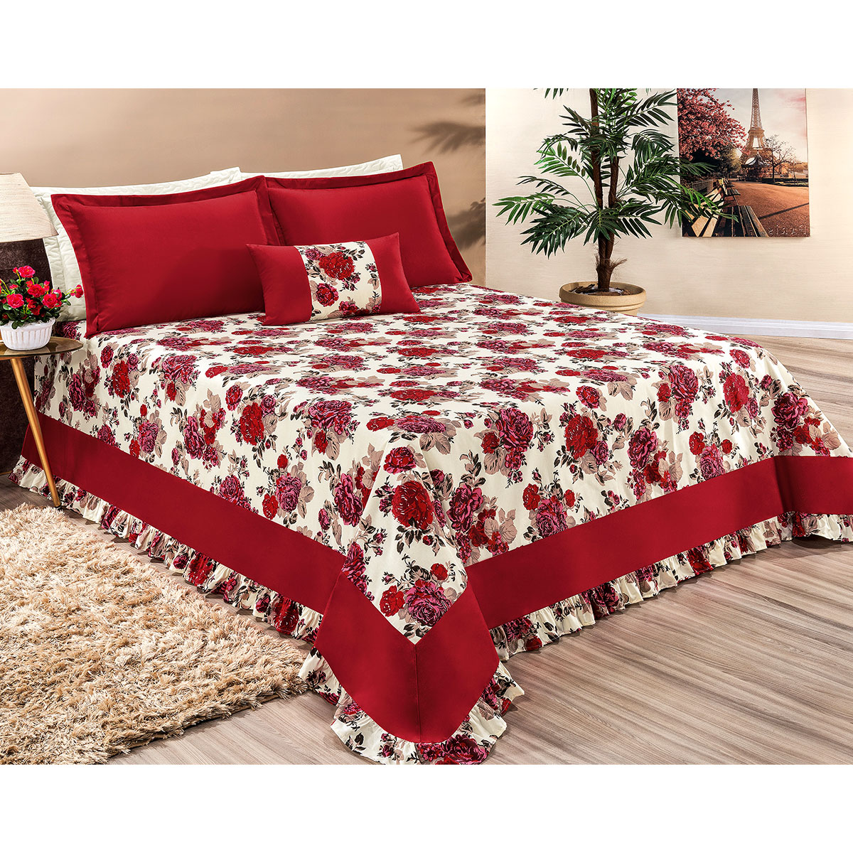Kit Cobre Leito Riviera Queen Floral Vermelho 180 Fios 5 Peças