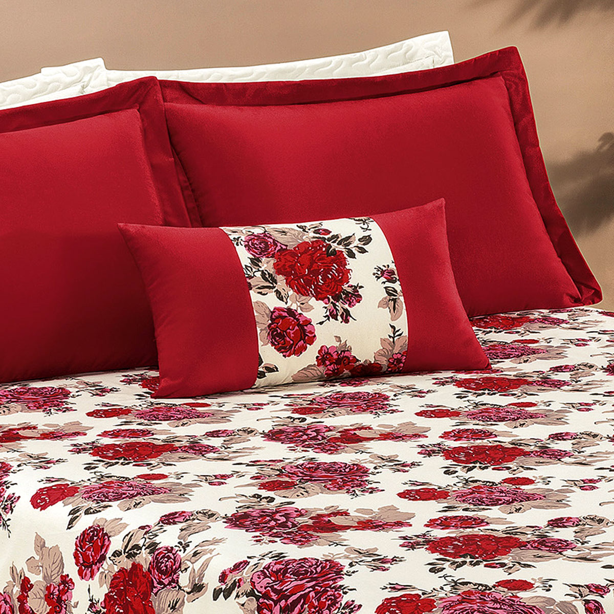 Kit Cobre Leito Riviera Queen Floral Vermelho 180 Fios 5 Peças