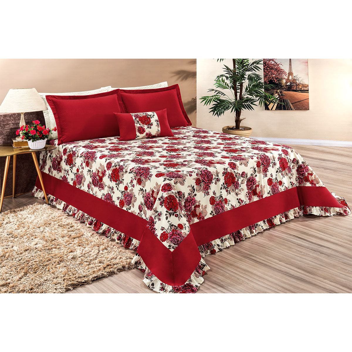 Kit Cobre Leito Riviera Queen Floral Vermelho 180 Fios 5 Peças
