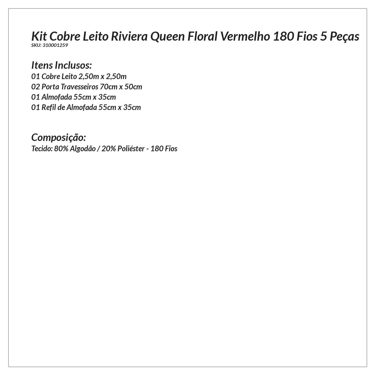 Kit Cobre Leito Riviera Queen Floral Vermelho 180 Fios 5 Peças