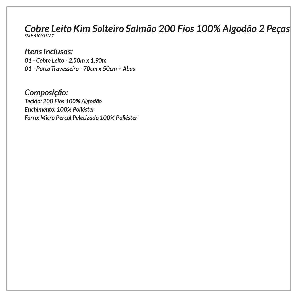 Kit Cobre Leito Solteiro Clássico Salmão 200 Fios 100% Algodão 2 Peças