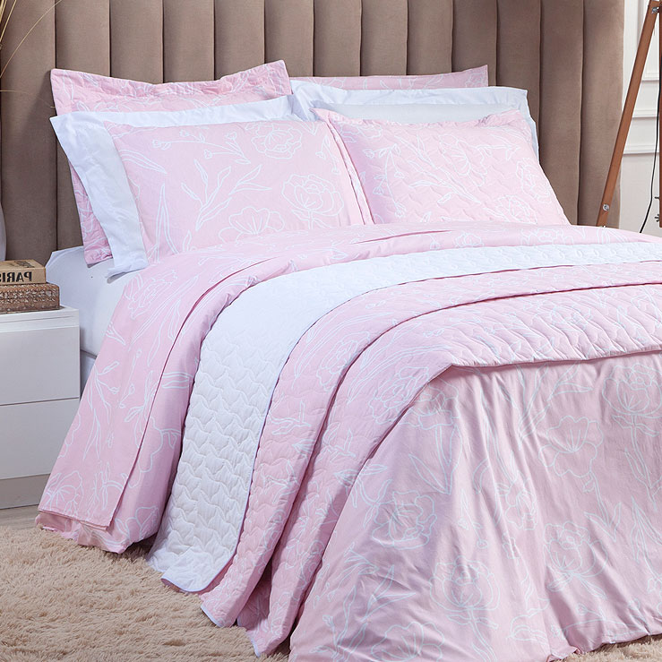 Kit Cobre Leito Solteiro Estampado Rosa Arabesco 2 Peças 100% Algodão 200 Fios