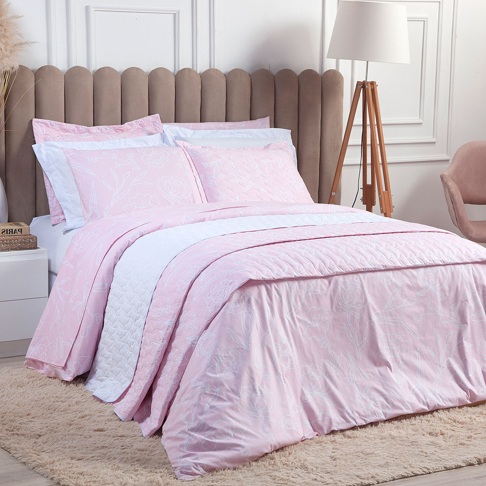Kit Cobre Leito Solteiro Estampado Rosa Arabesco 2 Peças 100% Algodão 200 Fios