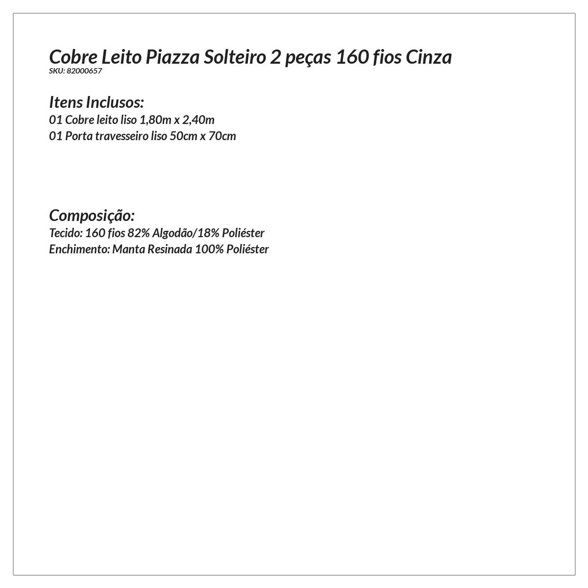 Kit Cobre Leito Solteiro Liso Clássico 2 peças 160 fios Cinza 160 Fios