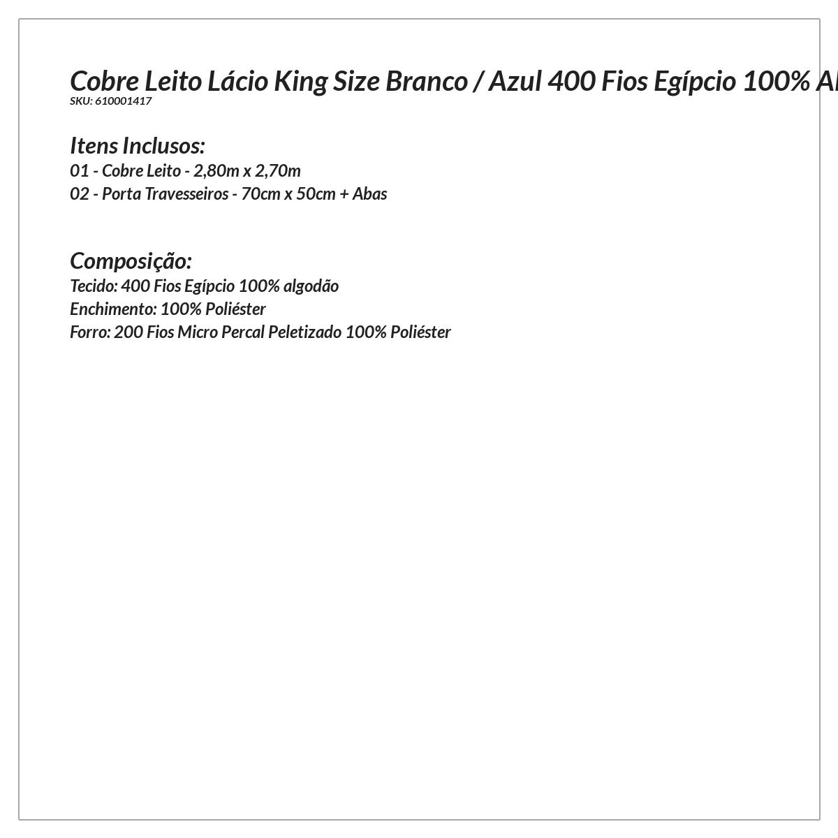 Kit Cobre Leito Tamanho King Size Branco / Azul 400 Fios Egípcio 100% Algodão 3 Peças