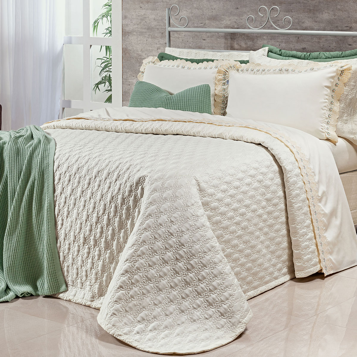 Kit Cobre Leito Tamanho Super King Palha 400 Fios Egípcio 100% Algodão + Jogo de Cama - 7 Peças
