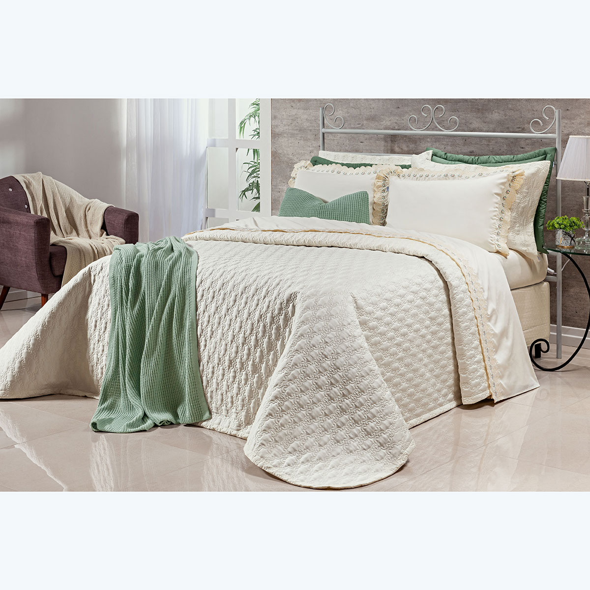 Kit Cobre Leito Tamanho Super King Palha 400 Fios Egípcio 100% Algodão + Jogo de Cama - 7 Peças