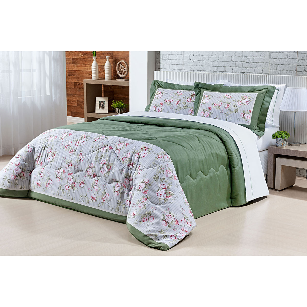 Kit Cobre Leito Verde Queen Estampado Floral Percal 200 Fios + Jogo de Lençol 100% Algodão - 7 Peças