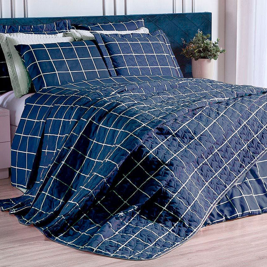 Kit Cobre leito Solteiro Estampado 2 Peças Grid Marinho com Porta Travesseiro