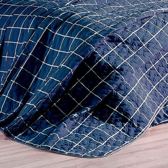 Kit Cobre leito Solteiro Estampado 2 Peças Grid Marinho com Porta Travesseiro