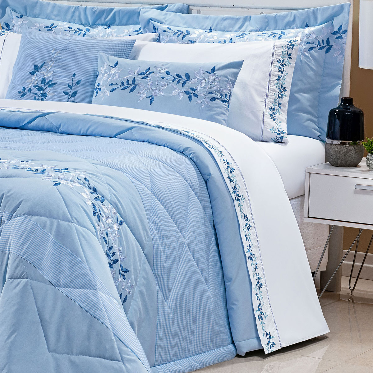 Kit Colcha Azul King Size 100% Algodão 200 Fios + Jogo de Cama - 11 Peças