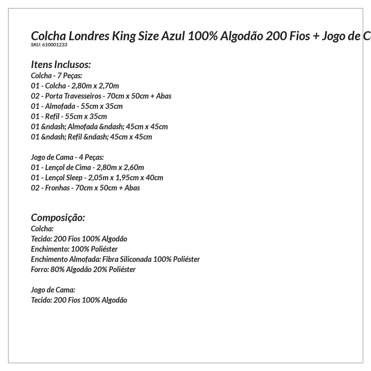 Kit Colcha Azul King Size 100% Algodão 200 Fios + Jogo de Cama - 11 Peças