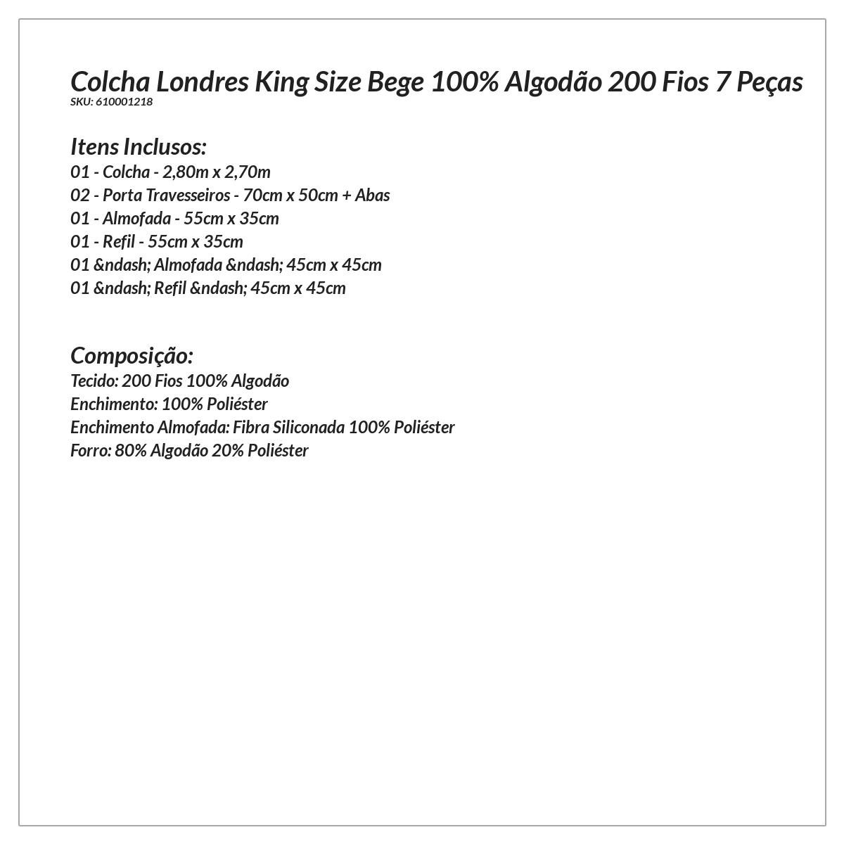 Kit Colcha King Size Bege 100% Algodão 200 Fios 7 Peças 2,80m x 2,70m