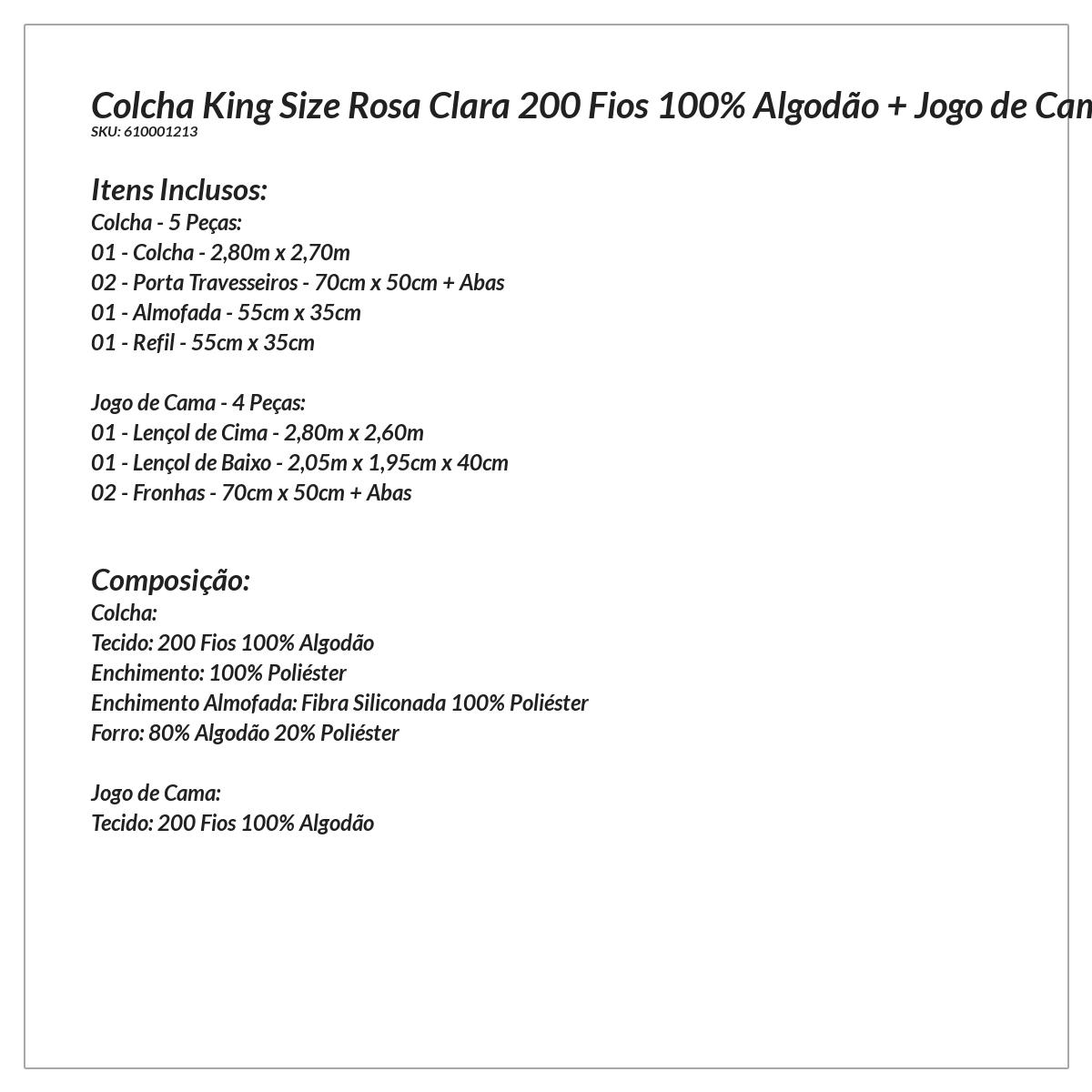 Kit Colcha King Size Rosa Clara 200 Fios 100% Algodão + Jogo de Cama - 9 Peças