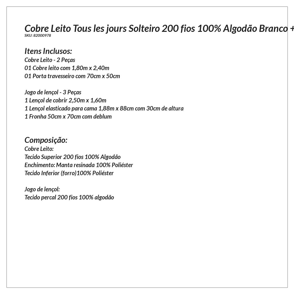 Kit Colcha Solteiro 100% Algodão Branco + Jogo de Lençol Solteiro 200 Fios - 5 Peças