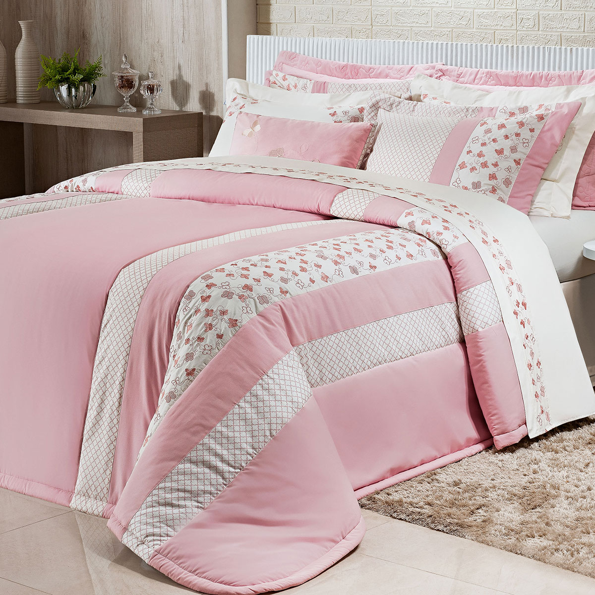 Kit Colcha Solteiro Rosa 200 Fios 100% Algodão + Jogo de Cama - 7 Peças 2,50m x 1,90m