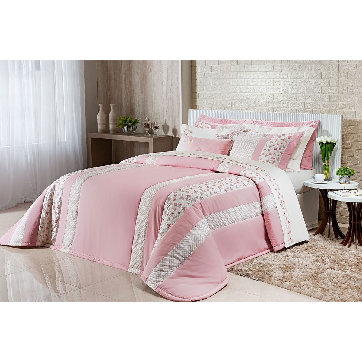 Kit Colcha Solteiro Rosa 200 Fios 100% Algodão + Jogo de Cama - 7 Peças 2,50m x 1,90m