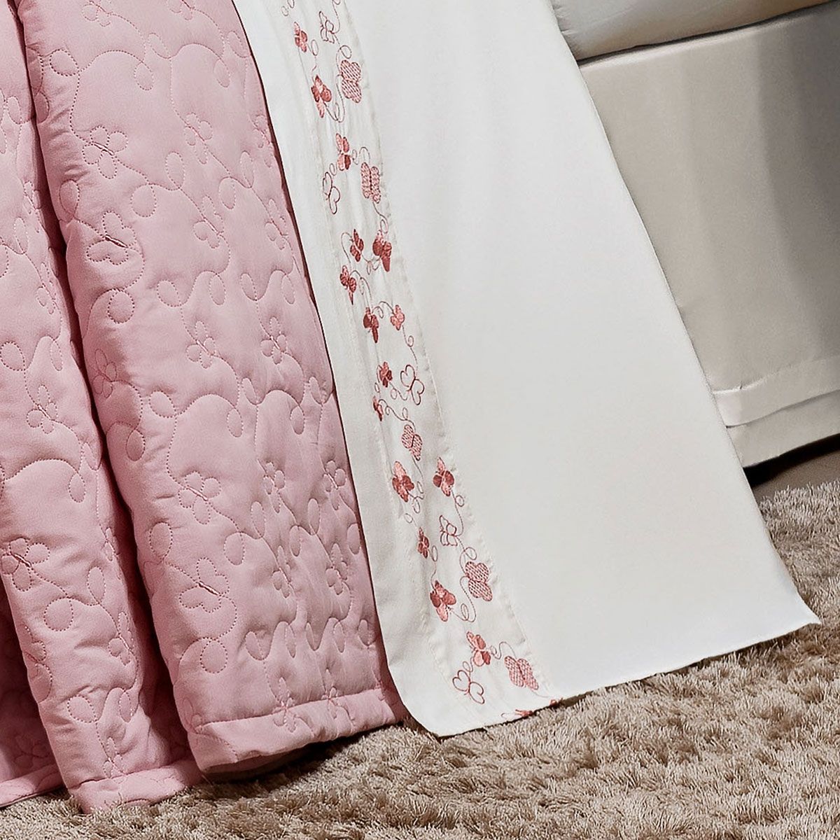 Kit Colcha Solteiro Rosa 200 Fios 100% Algodão + Jogo de Cama - 7 Peças 2,50m x 1,90m