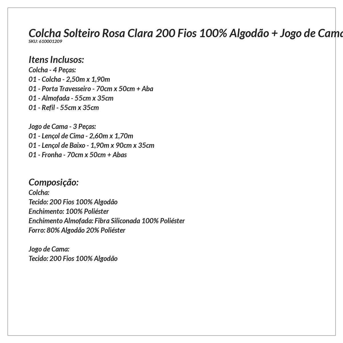 Kit Colcha Solteiro Rosa 200 Fios 100% Algodão + Jogo de Cama - 7 Peças 2,50m x 1,90m