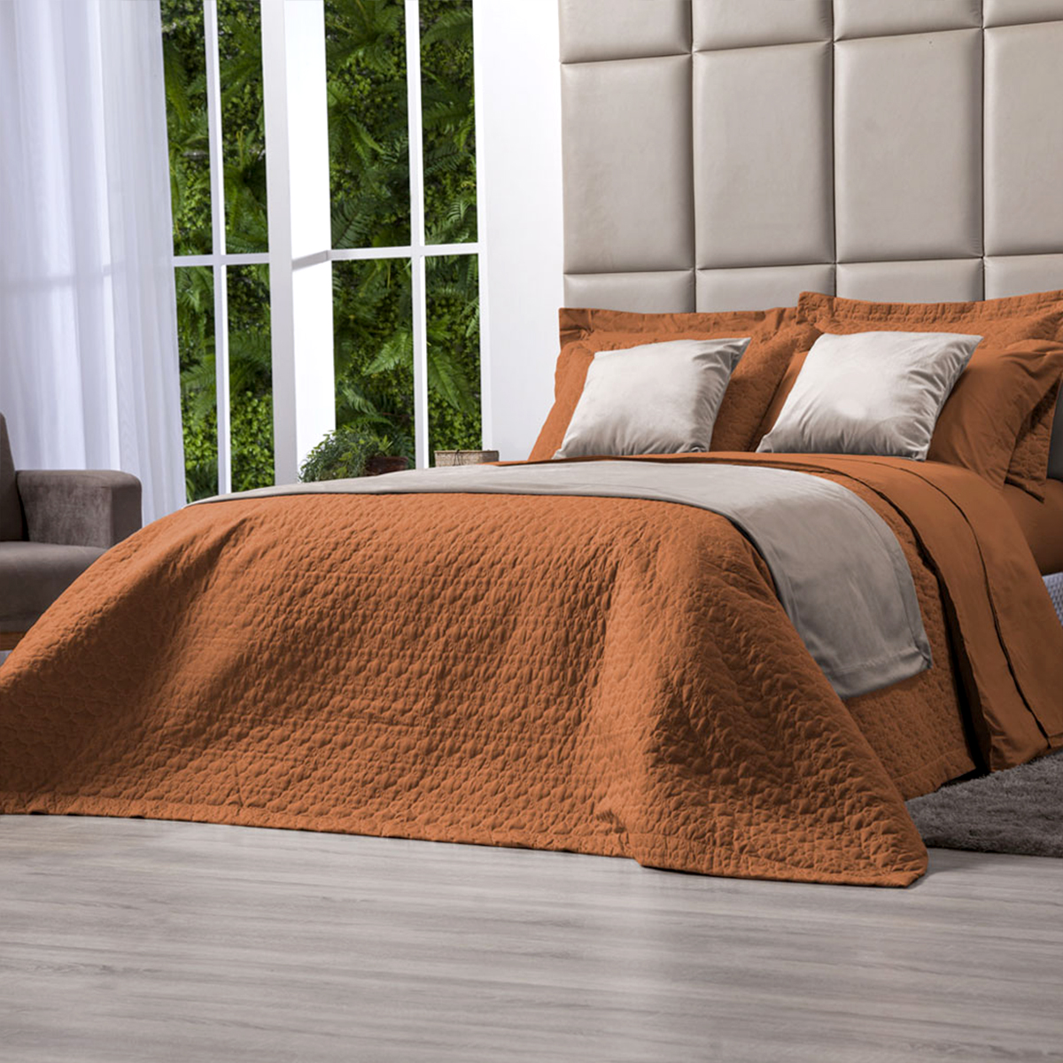 Kit Colcha Solteiro Terracota 100% Algodão 200 Fios Matelado 2 Peças