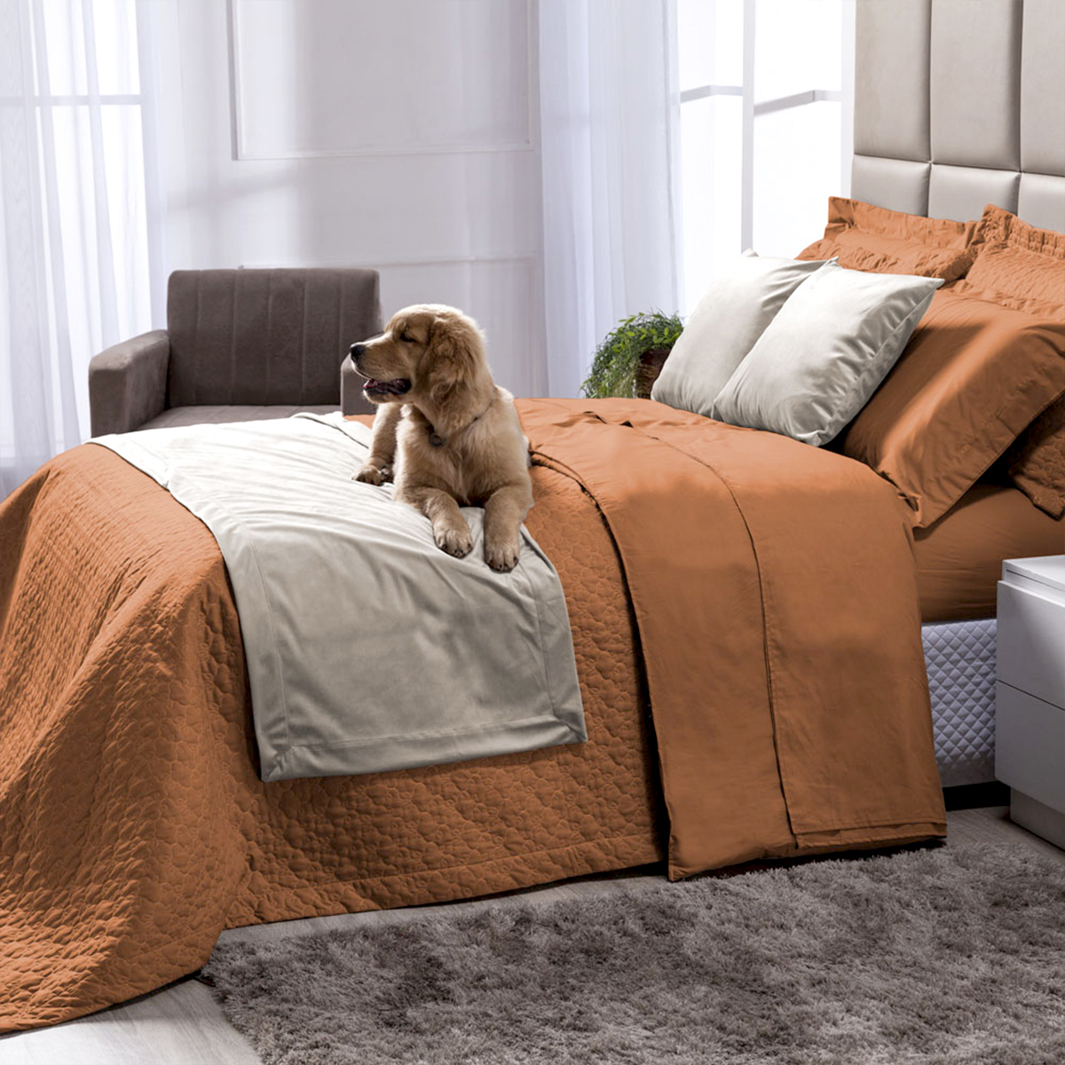 Kit Colcha Solteiro Terracota 100% Algodão 200 Fios Matelado 2 Peças
