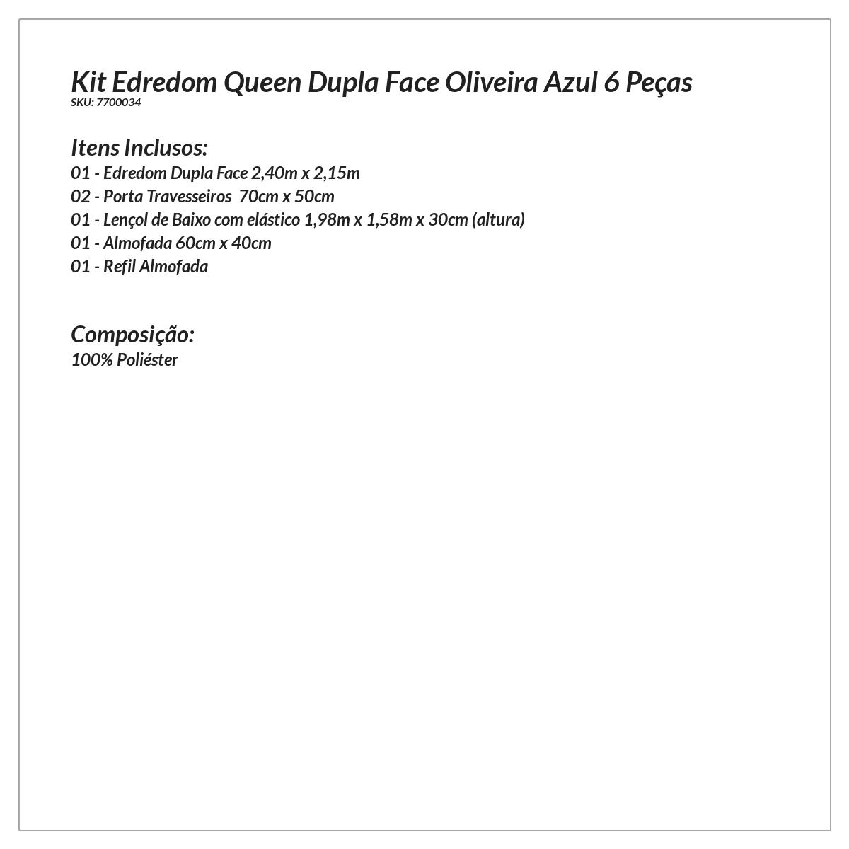 Kit Edredom Azul Queen Dupla Face 6 Peças com Almofada Decorativa