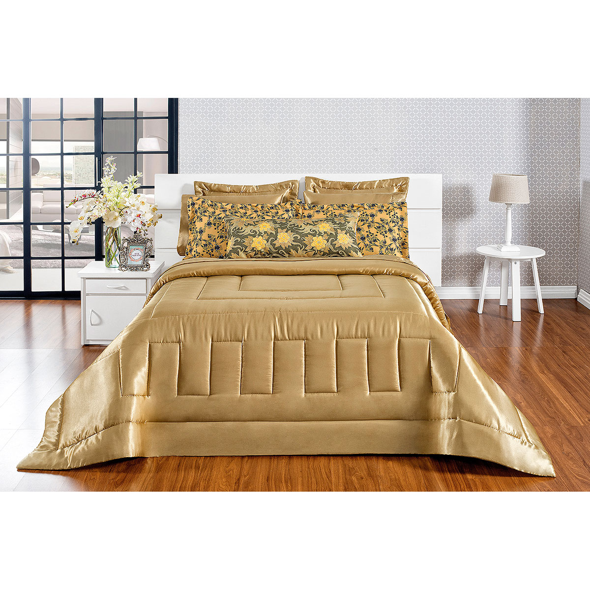 Kit Edredom Casal Padrão Cetim Dourado Estampado 7 Peças 2,40m x 2,60m