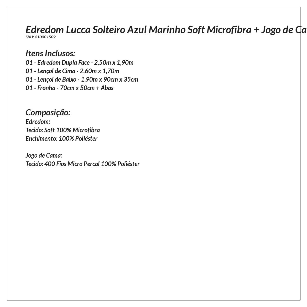 Kit Edredom Marinho Solteiro Dupla Face Soft Microfibra + Jogo de Cama 400 Fios Micro Percal - 4 Peças