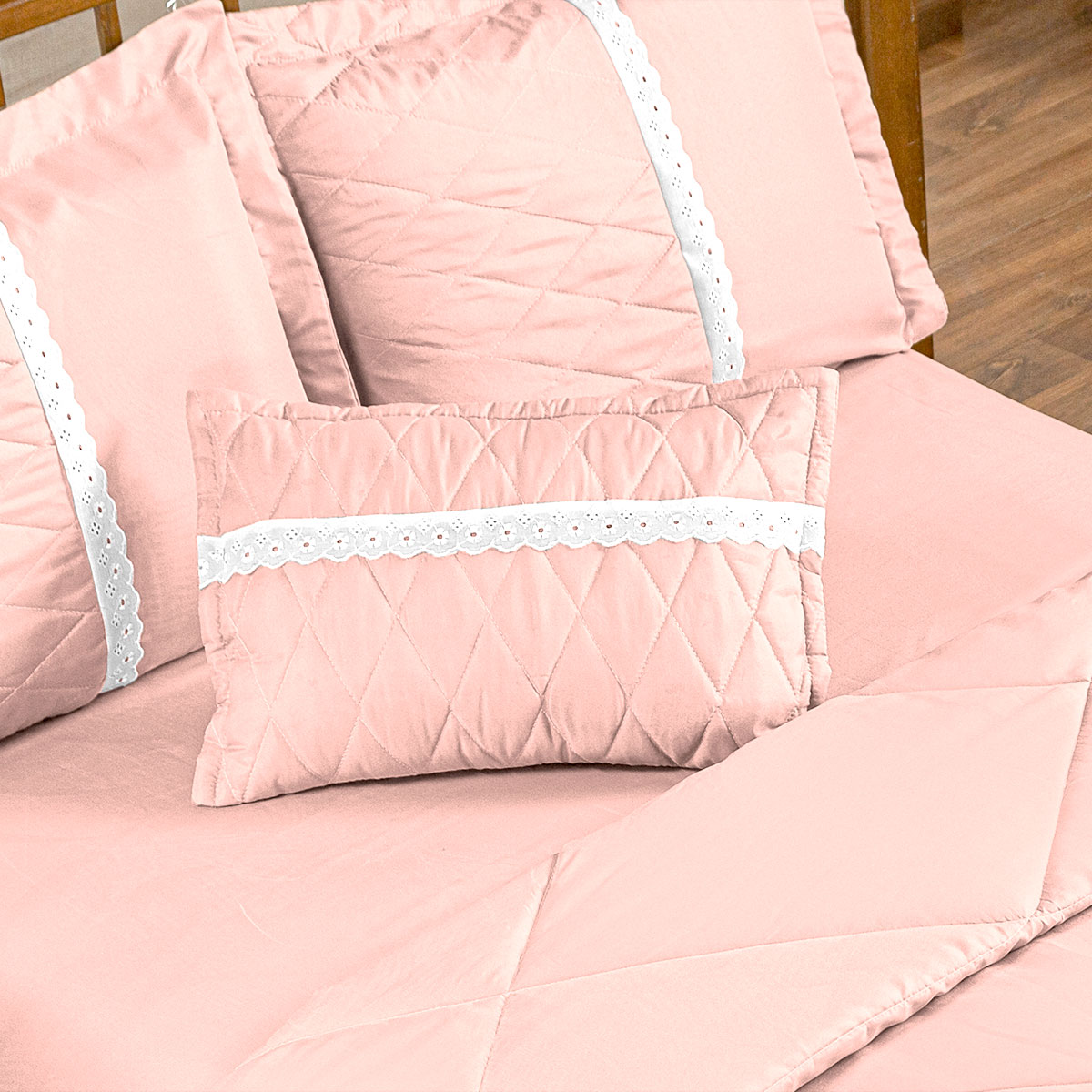 Kit Edredom Queen Rosê Dupla Face 6 Peças com Almofada Decorativa