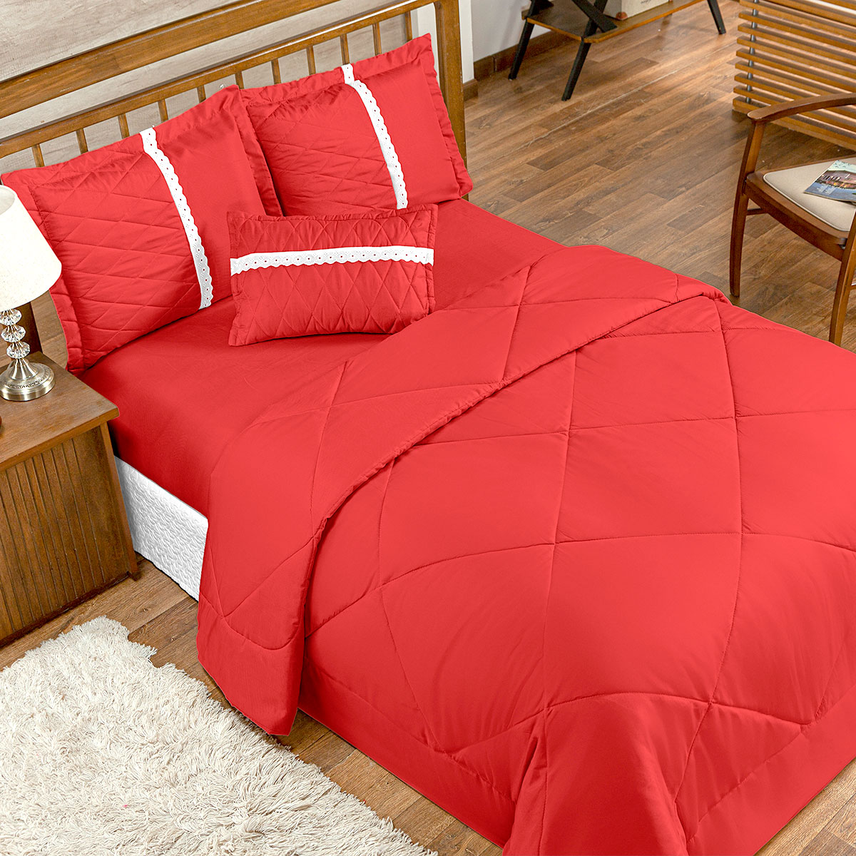 Kit Edredom Queen Vermelho Dupla Face 6 Peças com Almofada Decorativa
