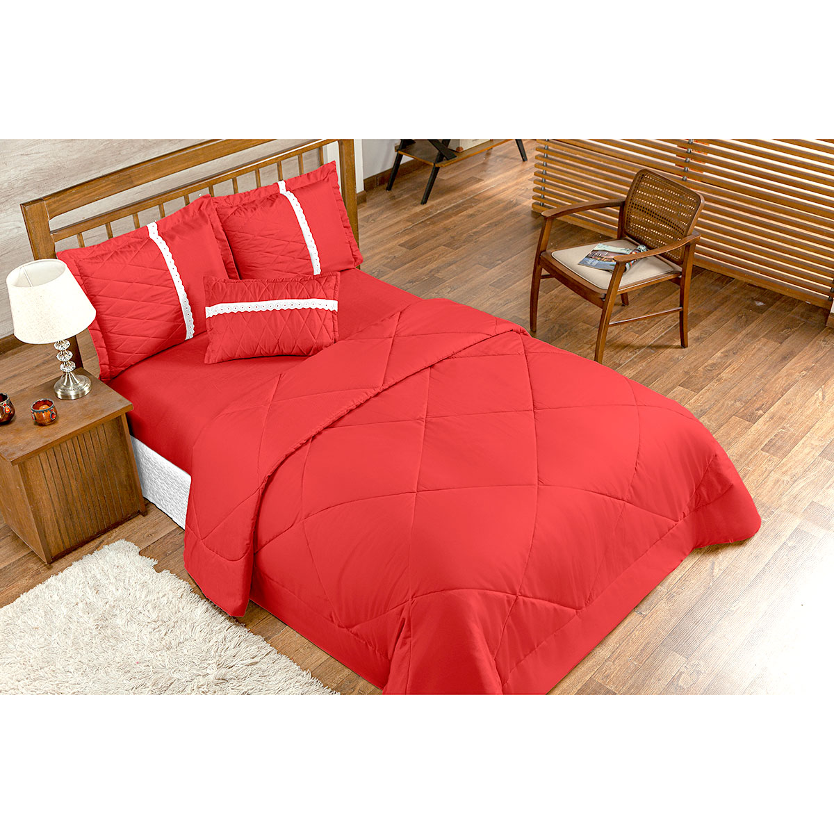 Kit Edredom Queen Vermelho Dupla Face 6 Peças com Almofada Decorativa