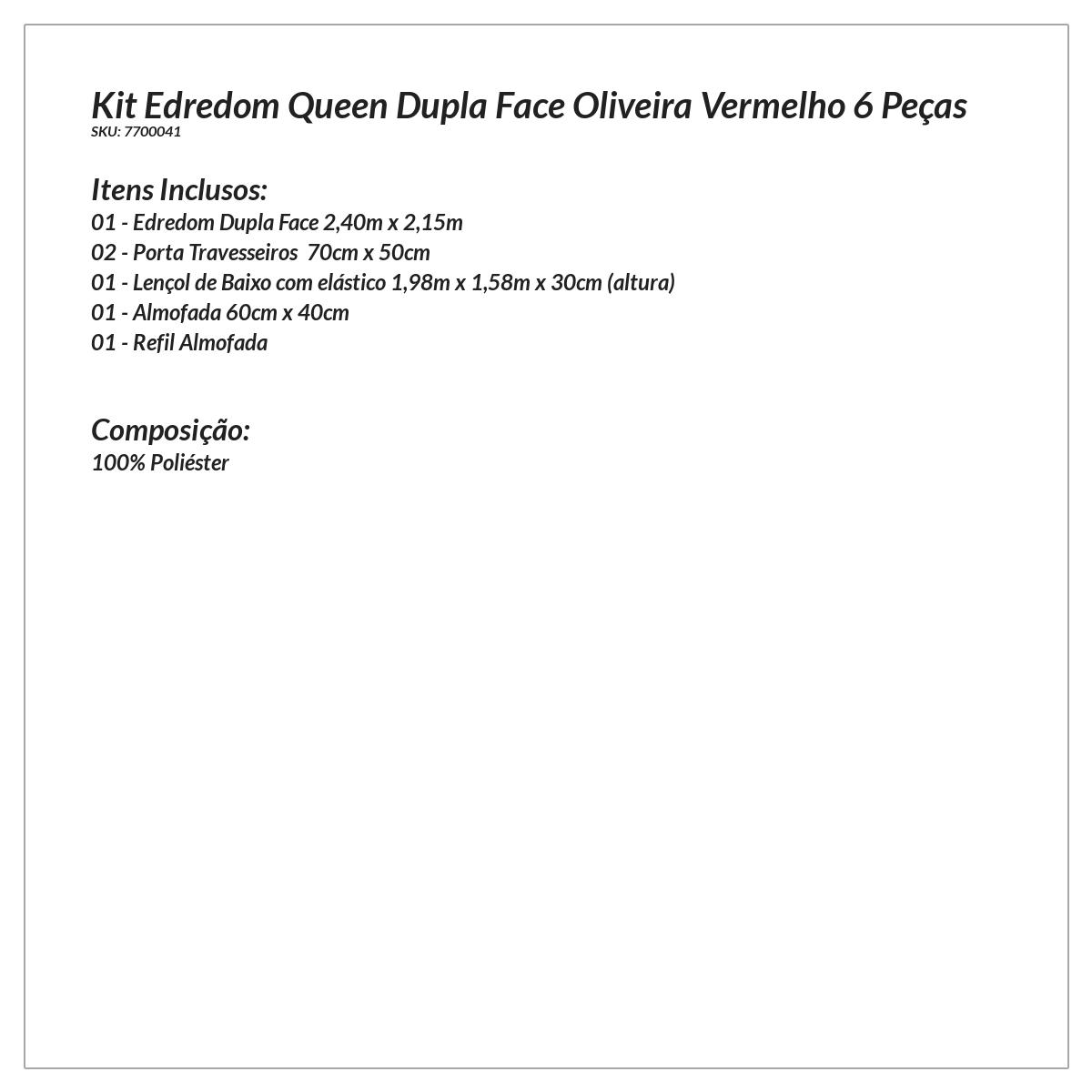 Kit Edredom Queen Vermelho Dupla Face 6 Peças com Almofada Decorativa