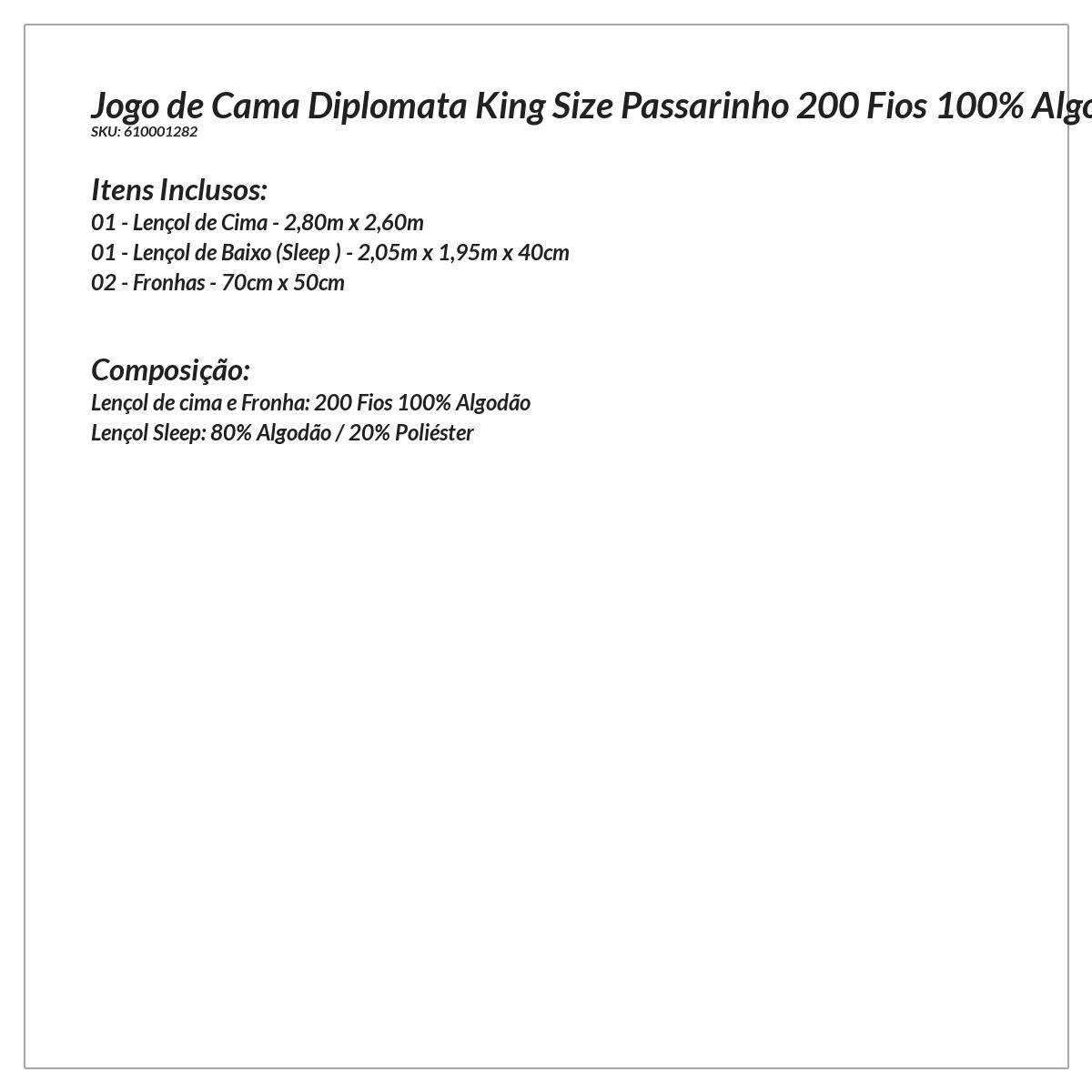Kit Lençol Diplomata King Size Passarinho 200 Fios 100% Algodão 4 Peças