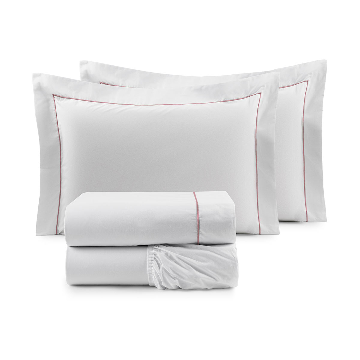 Kit Lençol de Cama Queen Size Algodão 200 Fios 4 Peças Branco com Detalhe em Rosê
