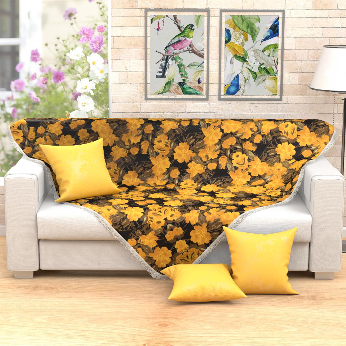 Kit Manta de Sofá Floral Amarela 1,50m x 1,50m + 3 Almofadas Decorativas 45cm x 45cm com refil