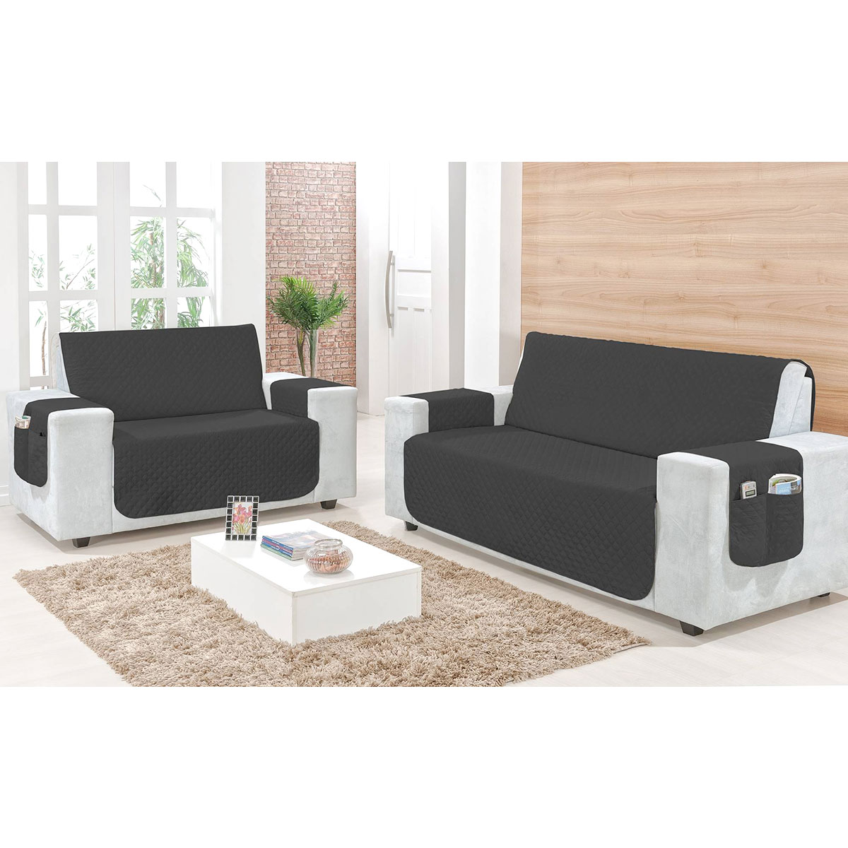 Kit Protetor de Sofá Preto Liso Matelado para Sofá de 3 e 2 Lugares