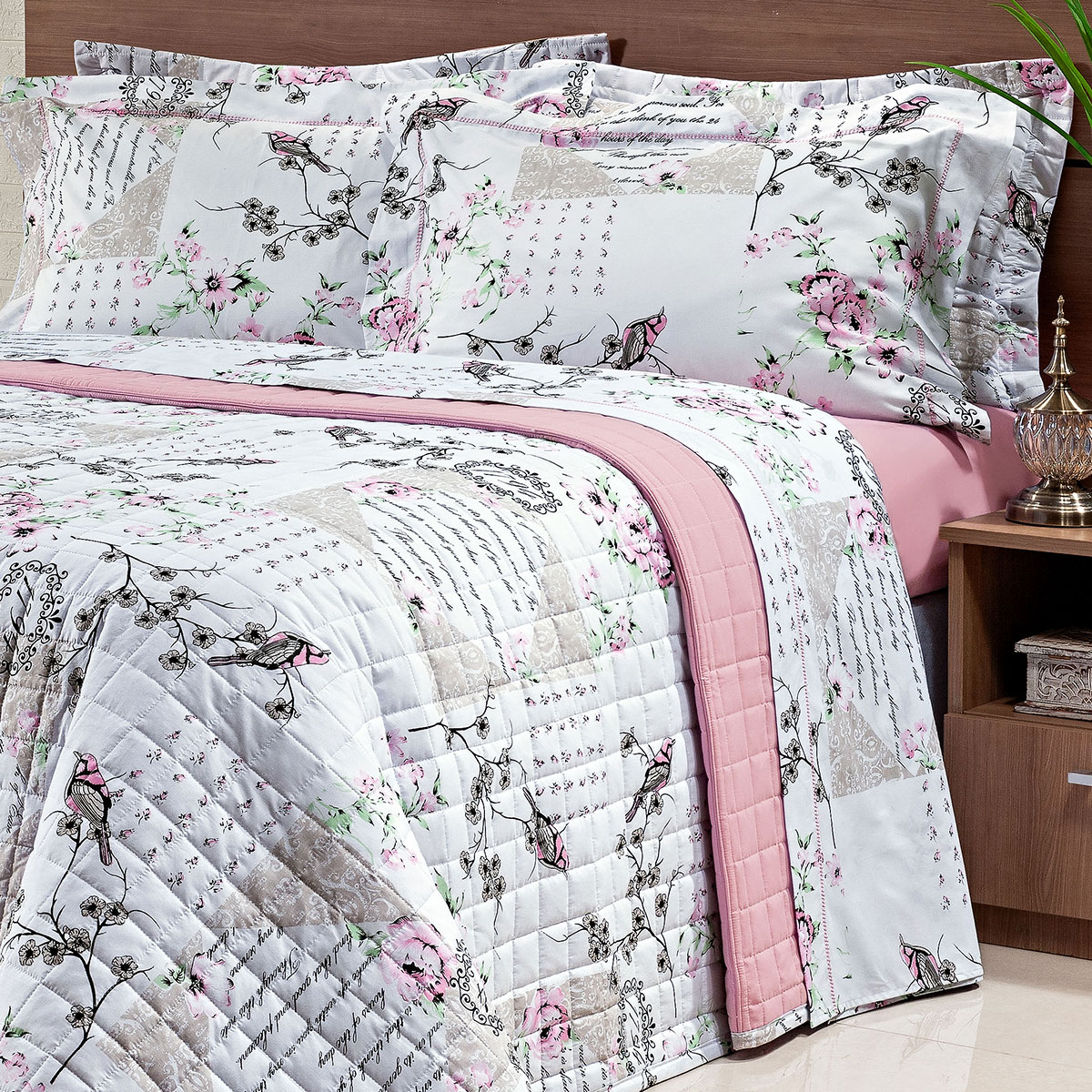 Kit de Cama Diplomata Casal Passarinho 200 Fios 100% Algodão 4 Peças